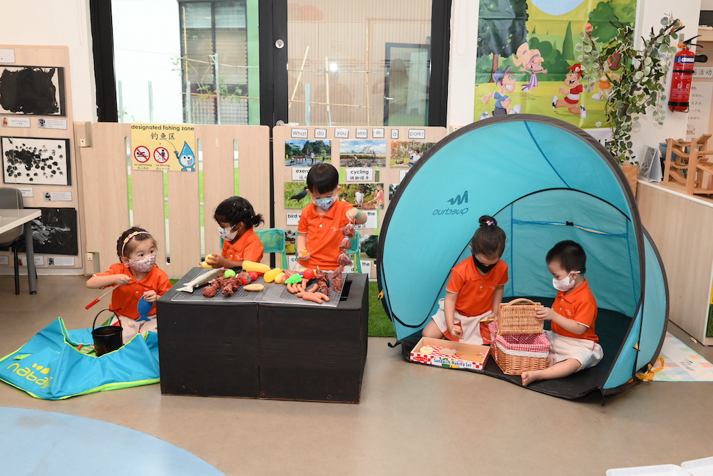 Children at My First Skool at 51 Fernvale Link are learning about camping in the great outdoors.